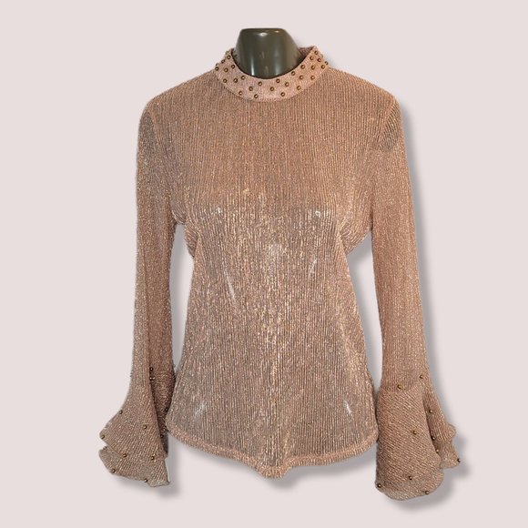 Pastel Women's Beige Bell Sleeve Mock Neck Sheer See Through Top Size Large - Picture 1 of 4